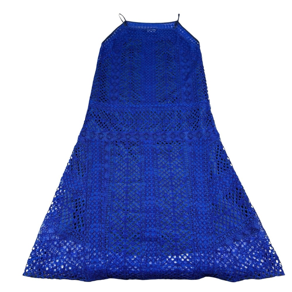 VINCE SLEEVELESS CROCHET LACE SILK LINED  MIDI DRESS SZ 4 BLUE Classy City - Picture 9 of 15